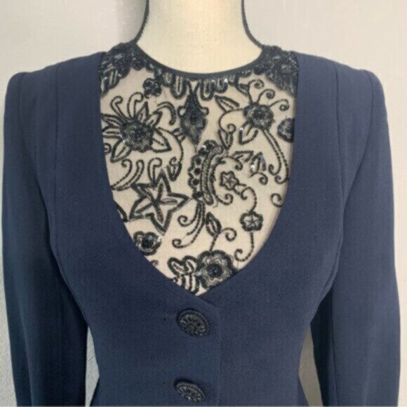 Badgley Mischka Vintage Navy Blue Lace Trim Button Accent Midi Dress - Picture 5 of 16